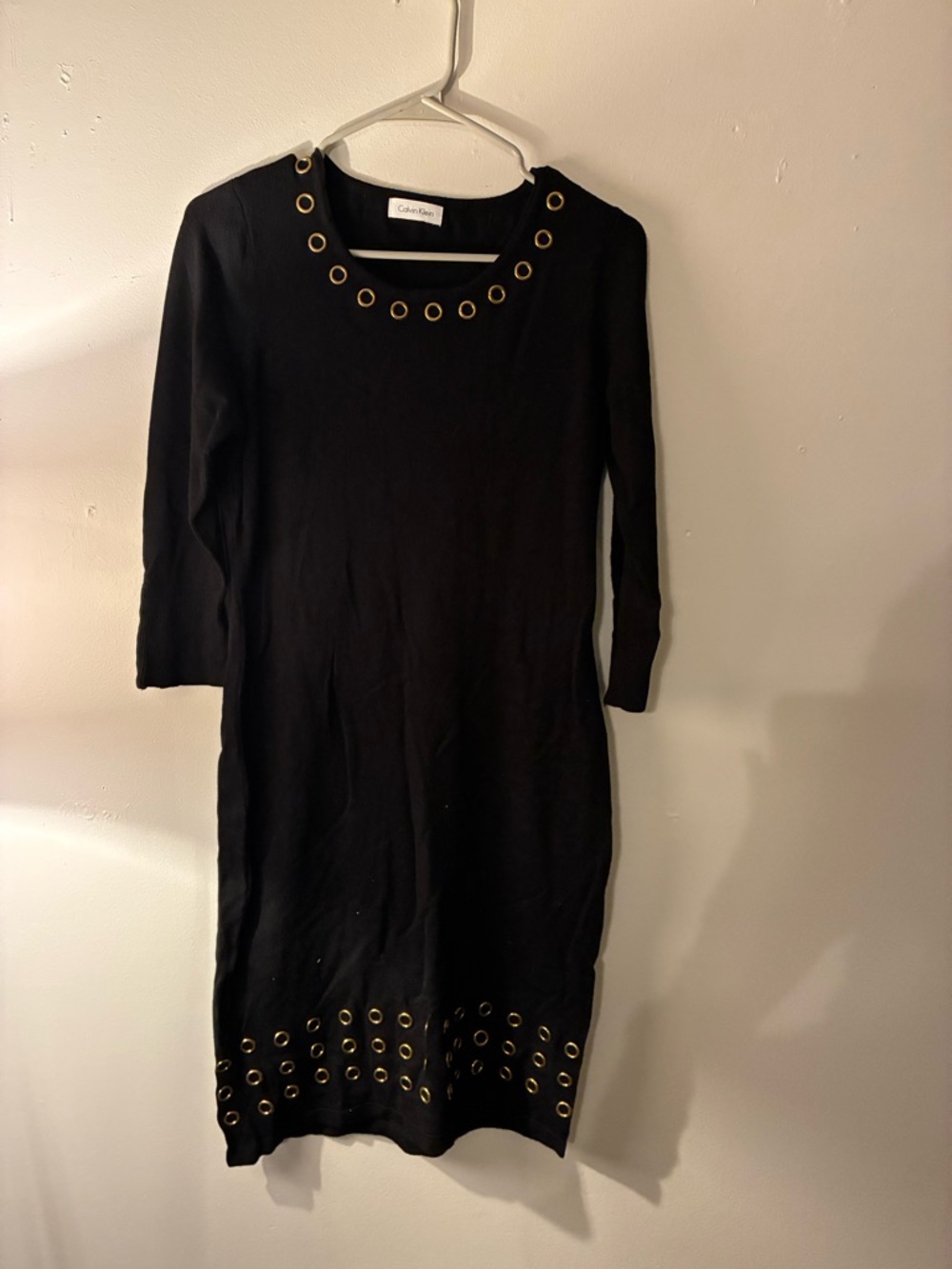Calvin Klein Black Grommet Detail Sweater Dress 3/4 Sleeve Chic